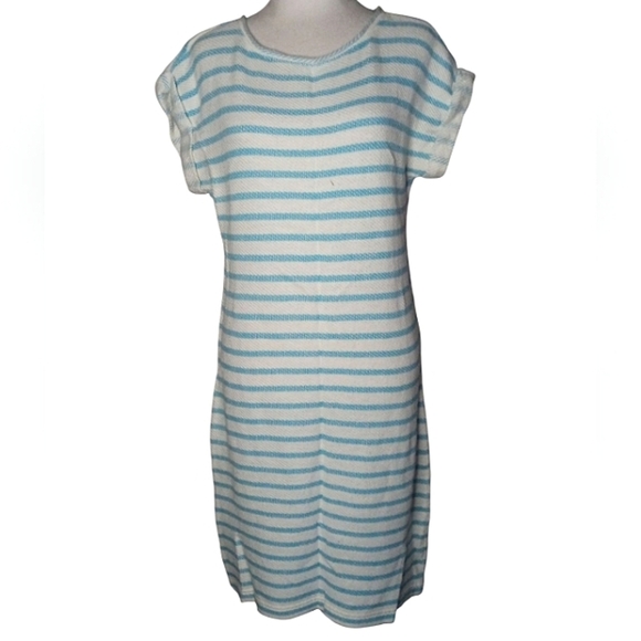 Lou & Grey Blue White Stripe Cotton French Terry Midi Length Dress Size Small - Picture 2 of 9
